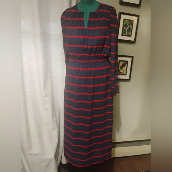 FRNCH Navy and Red Painterly Striped Maxi Dress, Sz L - Picture 2 of 12